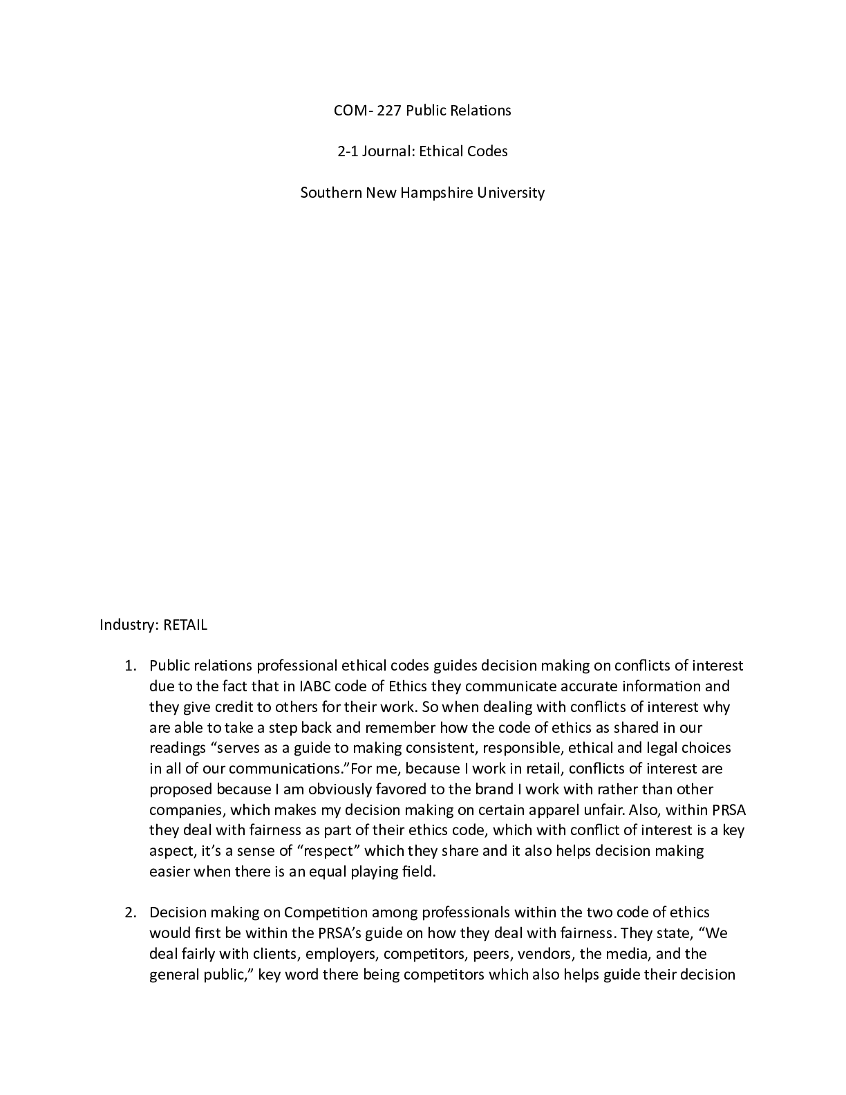 Preview image for COM 227 Public relations Journal Ethical codes  COM- 227 Public Relations  2-1 Journal: Et